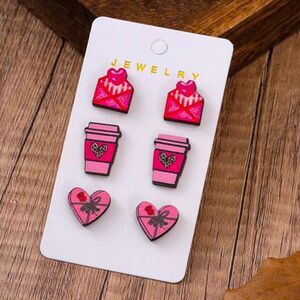 Valentine’s Romantic Wood Handmade 3 Piece Set Love Coffee Cup Stud Earrings